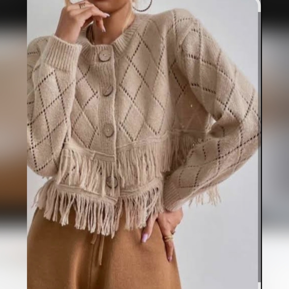 Unknown Maker Fringed  Cropped Cardigan, Size Medium